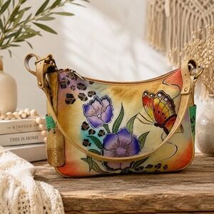 Vtg Great American Leather Works Shoulder Bag Purse Hand Painted Floral Boho Y2K
